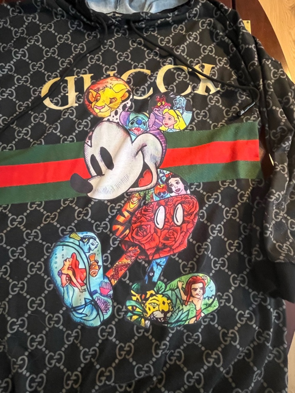 Gucci Black Monogram Graphic Disney Hoodie with Red & Green Stripe - Picture 6 of 9